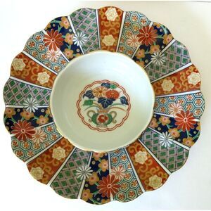 Arita Imari Fan Fine Porcelain Scalloped 12" Serving Plate & 6" Dip Bowl‎